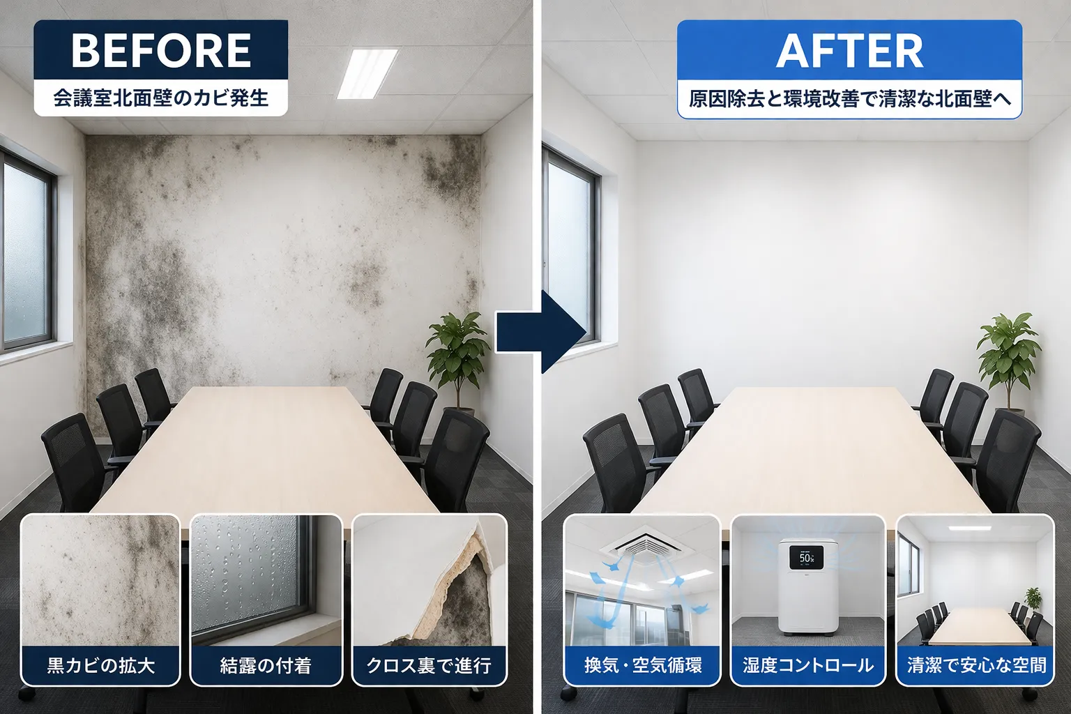 会議室北面壁のカビ増加｜見えない結露と空気環境が引き起こすリスクと専門対策