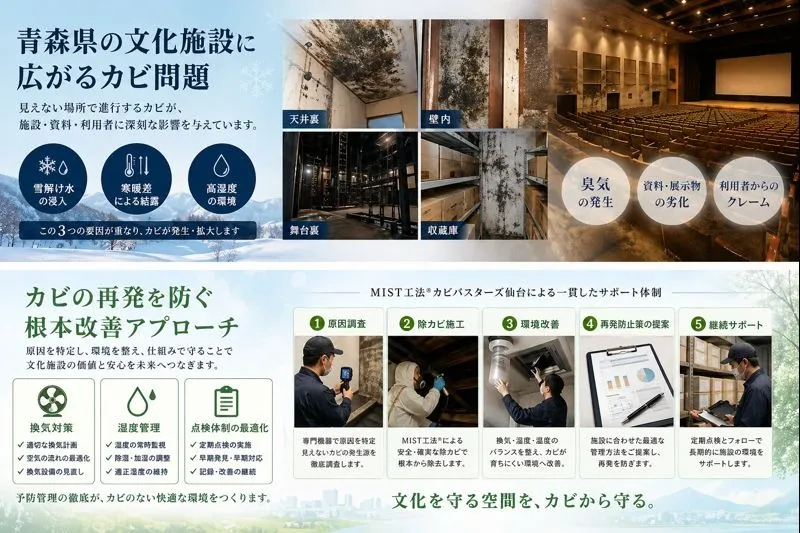 青森県の文化施設でカビ増殖！見えない汚染を徹底除去するMIST工法®カビバスターズ仙台の対応とは