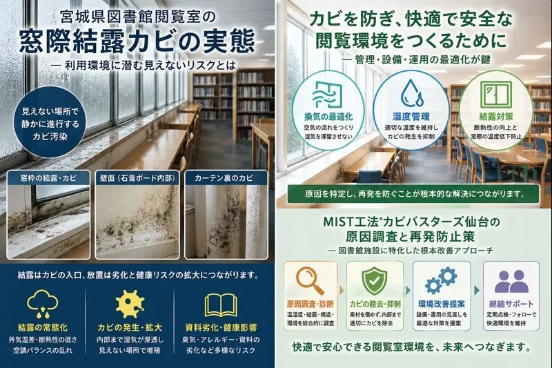 宮城県図書館閲覧室の窓際に発生する結露カビ問題とは？利用環境を守る専門対策