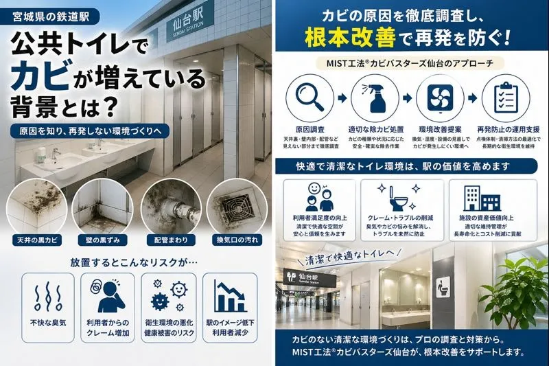 宮城県の鉄道駅公共トイレに発生するカビ問題｜原因と対策、MIST工法Ⓡによる根本改善とは