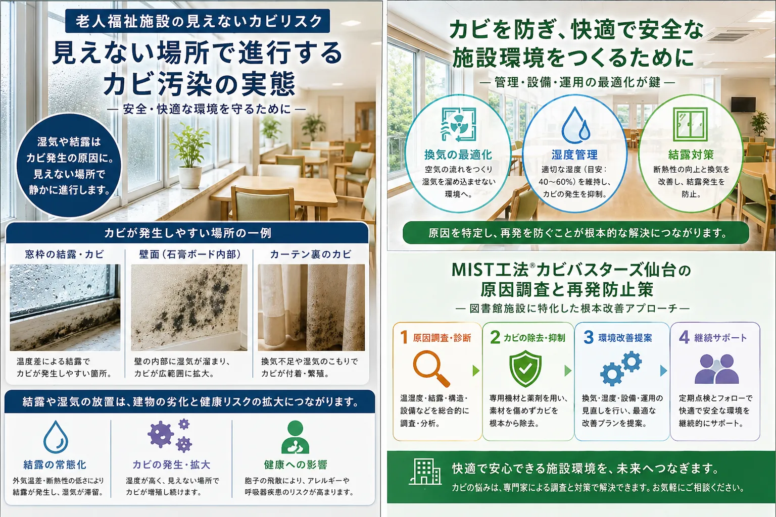 宮城県老人福祉施設のカビ問題！利用者の健康を守るための対策と除カビ対応｜MIST工法Ⓡカビバスターズ仙台