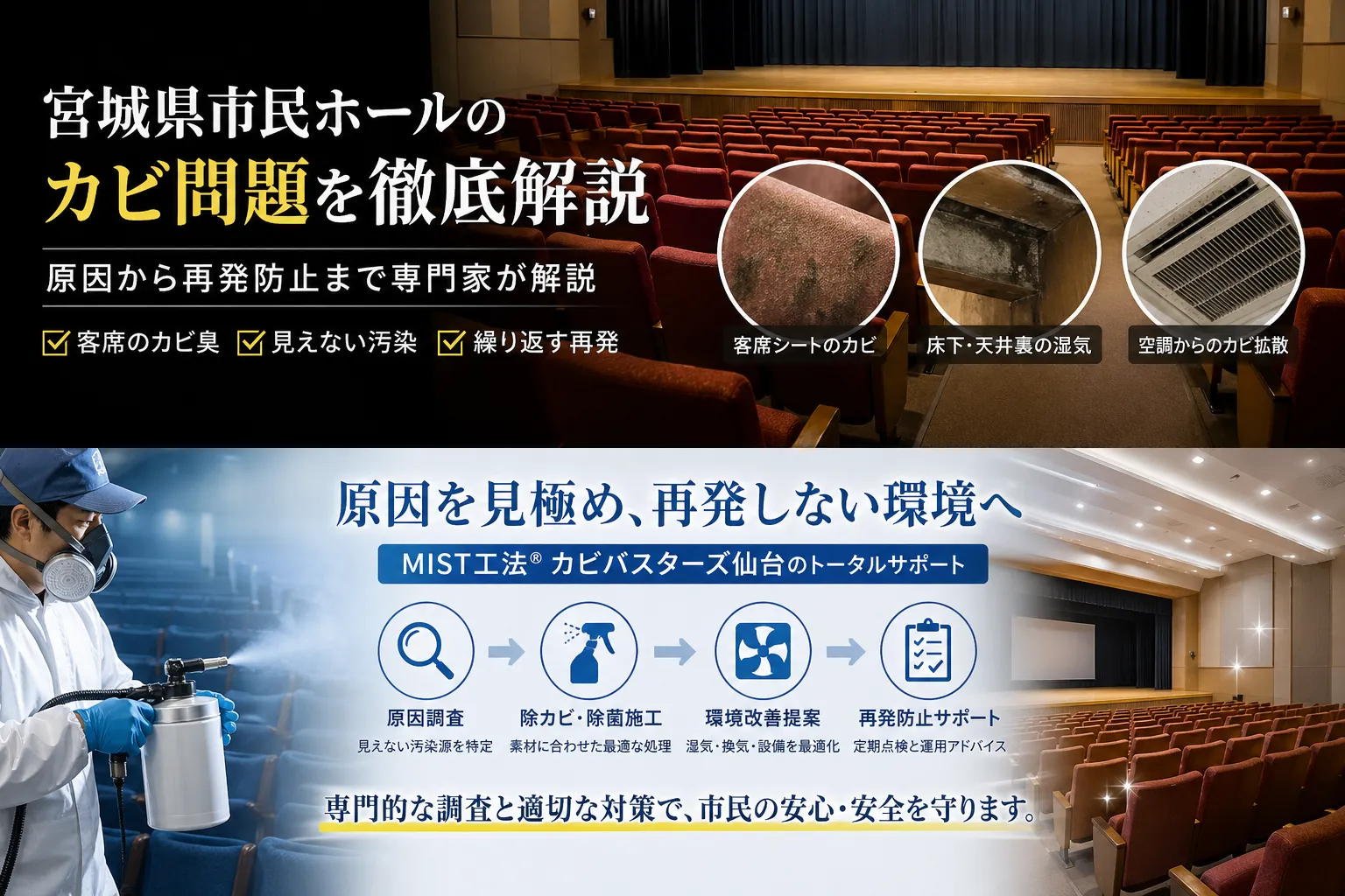 宮城県市民ホール客席にもカビが!見えないリスクと除カビ対応の最前線