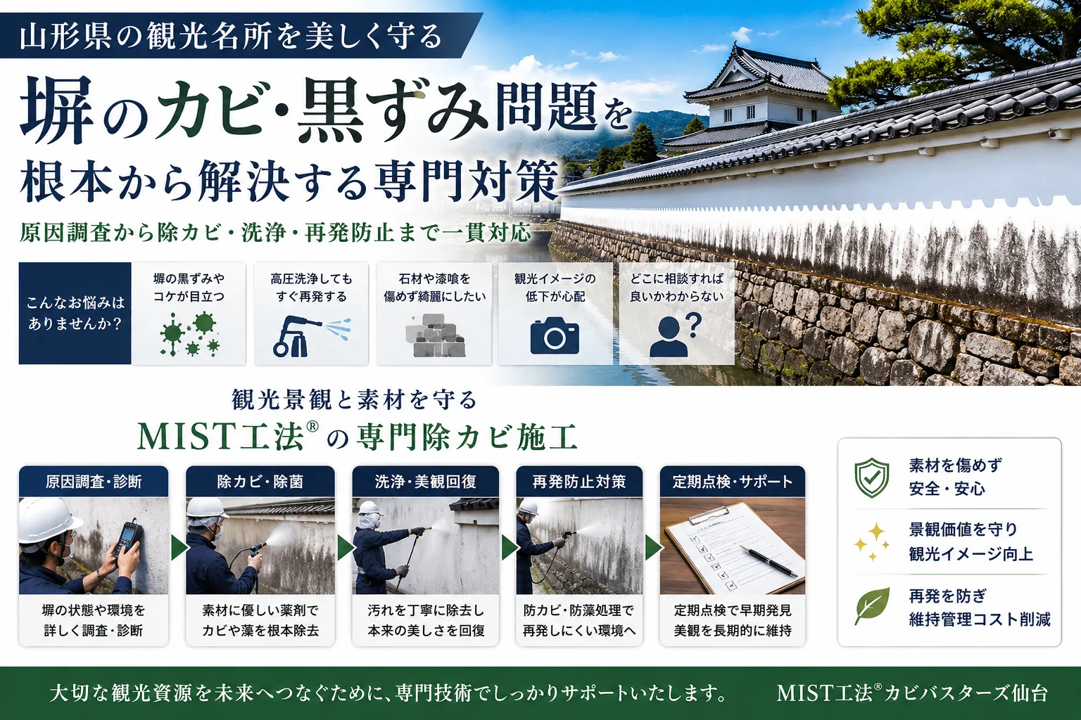 山形県の観光名所・歴史的建造物の塀に発生するカビ・黒ずみ問題｜MIST工法Ⓡカビバスターズ仙台が行う安全な除去対策