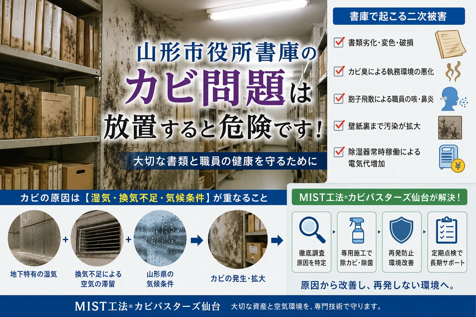 山形市役所書庫で発生するカビ問題とは?保存文書・契約書を守るために必要な専門対策と再発防止
