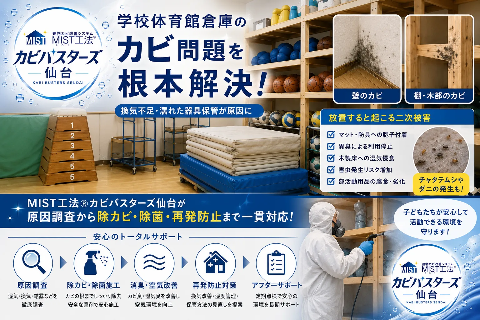 学校体育館倉庫で発生するカビ問題とは?換気不足と濡れた器具保管が引き起こす深刻な二次被害を徹底解説