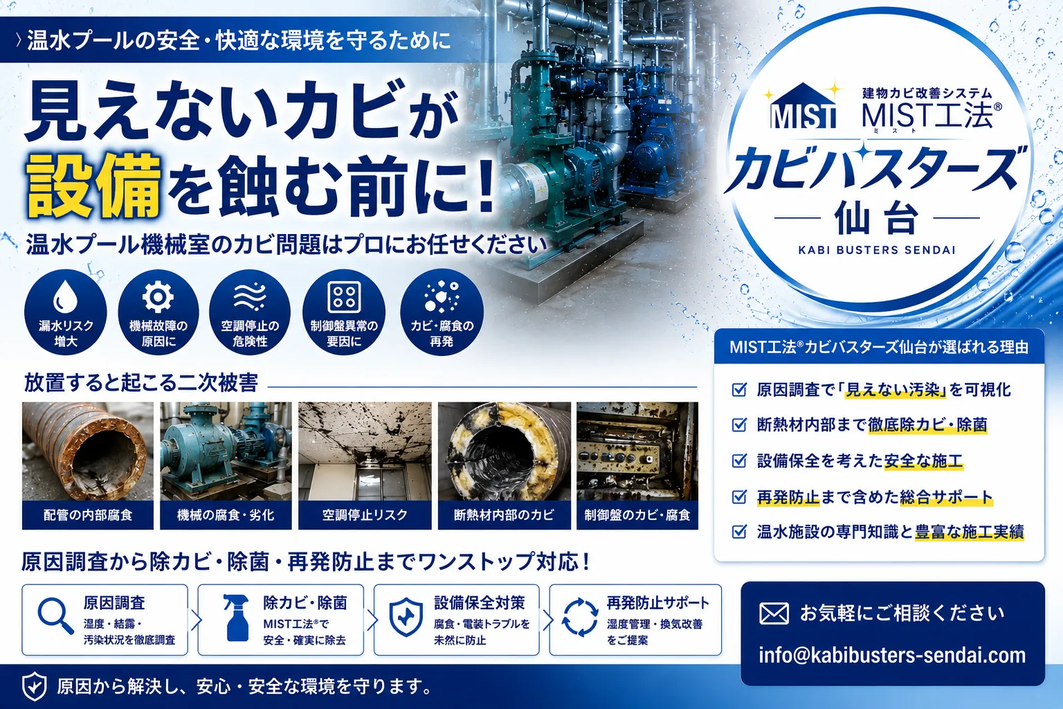 温水プール機械室で深刻化する断熱材内部のカビ問題｜高湿度環境が引き起こす設備腐食と重大事故リスクとは