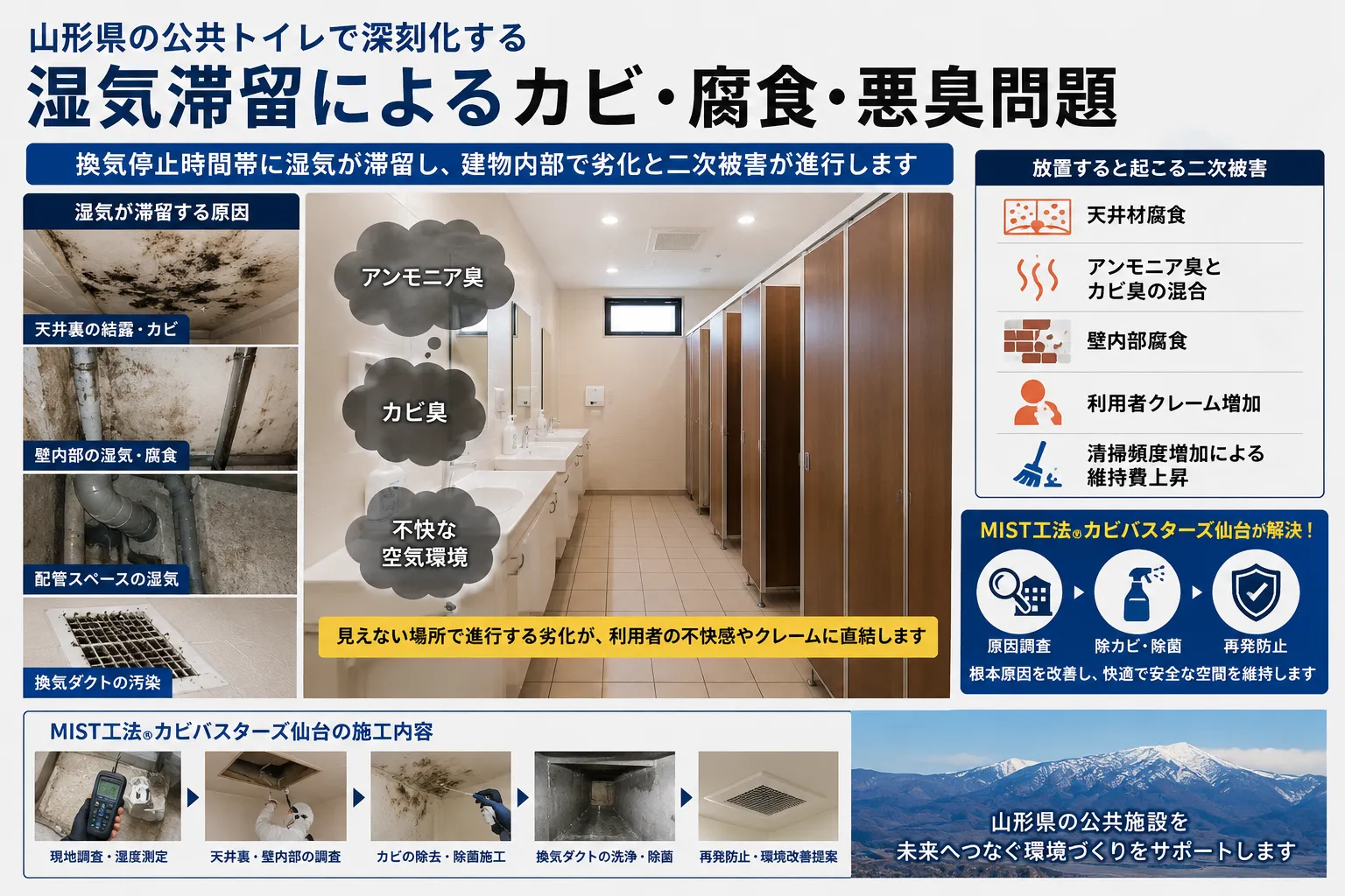 山形県公共トイレで深刻化する湿気とカビ問題|換気停止時間帯に進行する腐食・悪臭・施設劣化をMIST工法Ⓡで徹底対策
