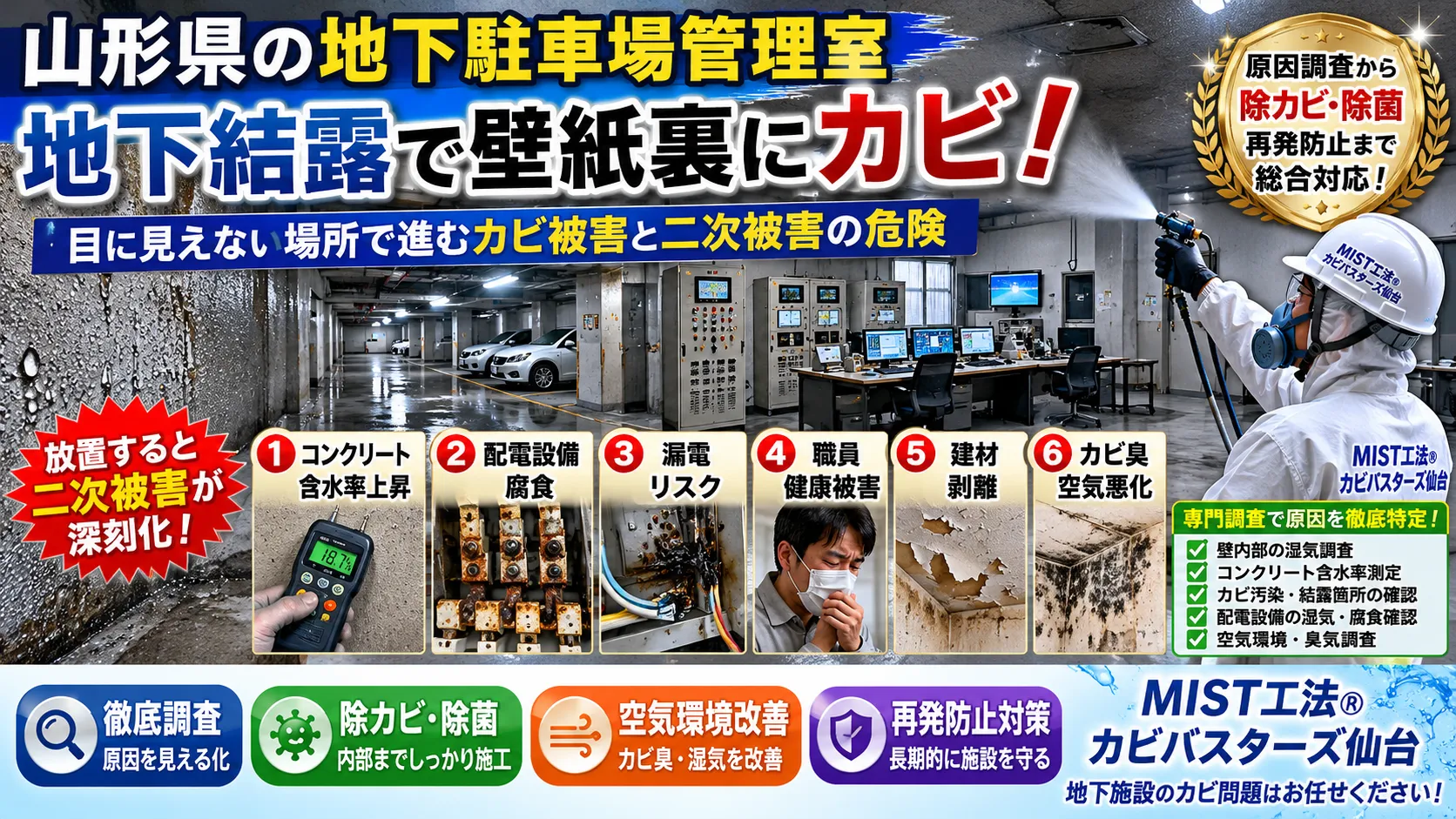 山形県地下駐車場管理室で発生する壁紙裏カビ問題とは|地下結露による漏電・腐食・健康被害を防ぐ専門対策