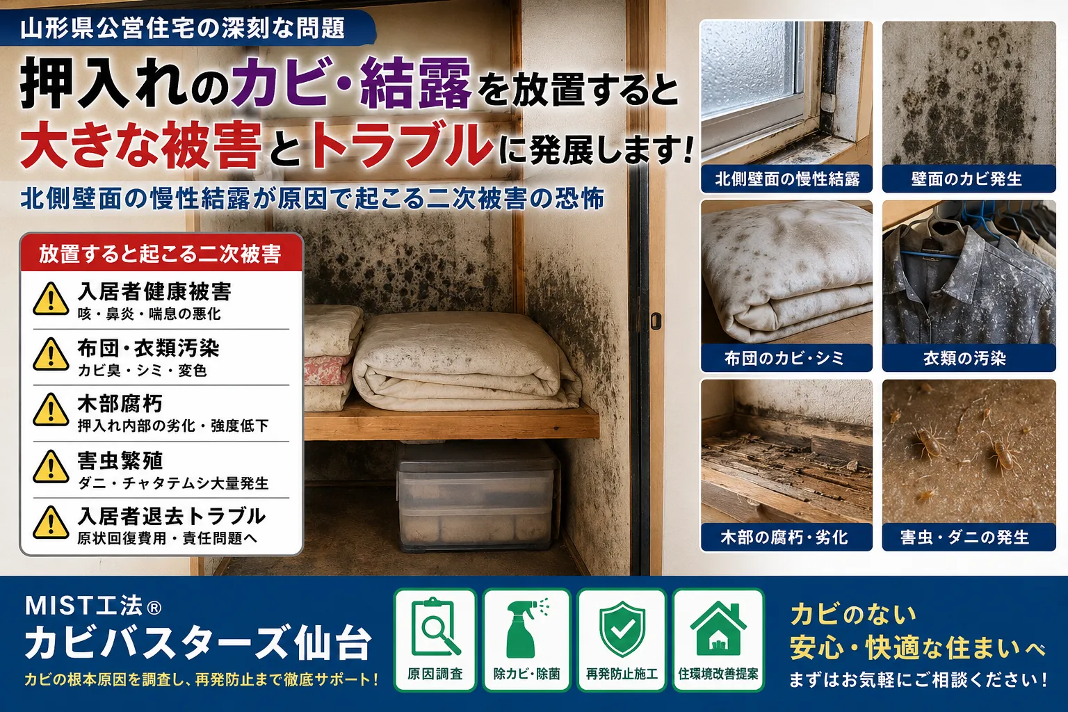 山形県公営住宅押入れのカビ問題｜北側壁面の慢性結露で発生する健康被害と再発リスクをMIST工法Ⓡで徹底対策