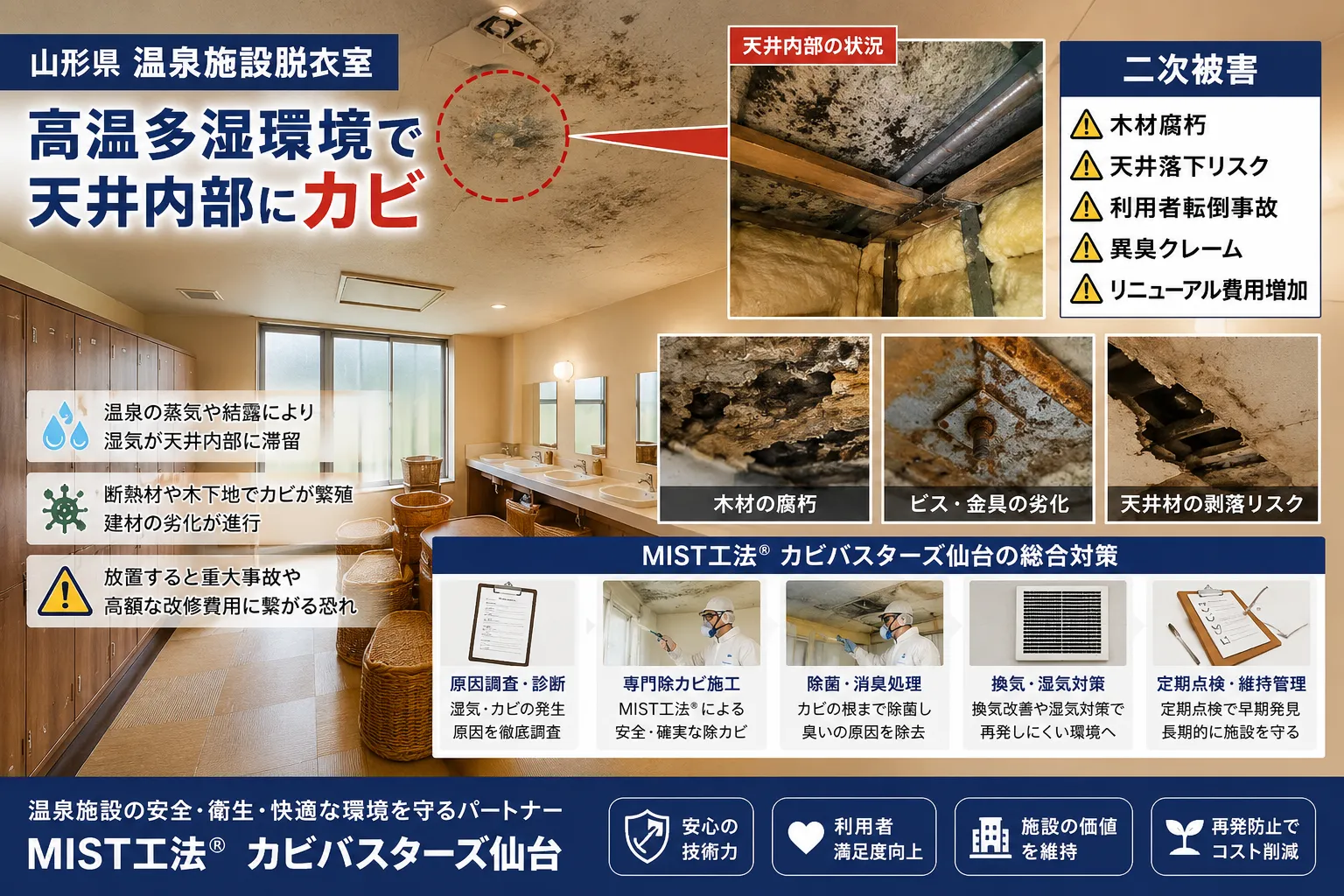 山形県温泉施設脱衣室で急増する天井裏カビ問題|木材腐朽・天井落下・異臭クレームを防ぐ専門対策とは