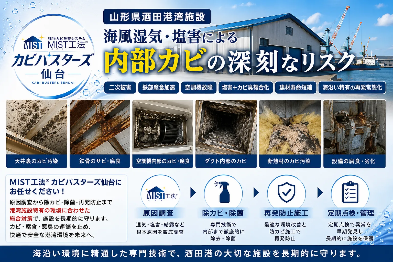 山形県酒田港湾施設で深刻化する塩害とカビ問題|海風湿気による腐食・空調故障を防ぐMIST工法Ⓡ対策
