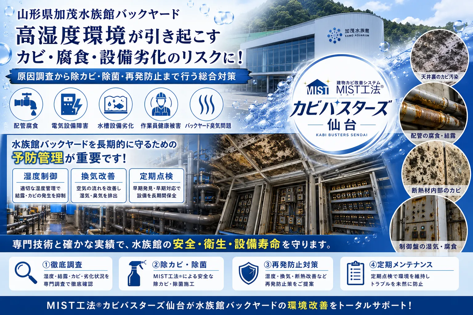 山形県加茂水族館バックヤードで深刻化するカビ・腐食問題｜海水設備周辺の高湿度が引き起こす施設劣化と臭気被害とは
