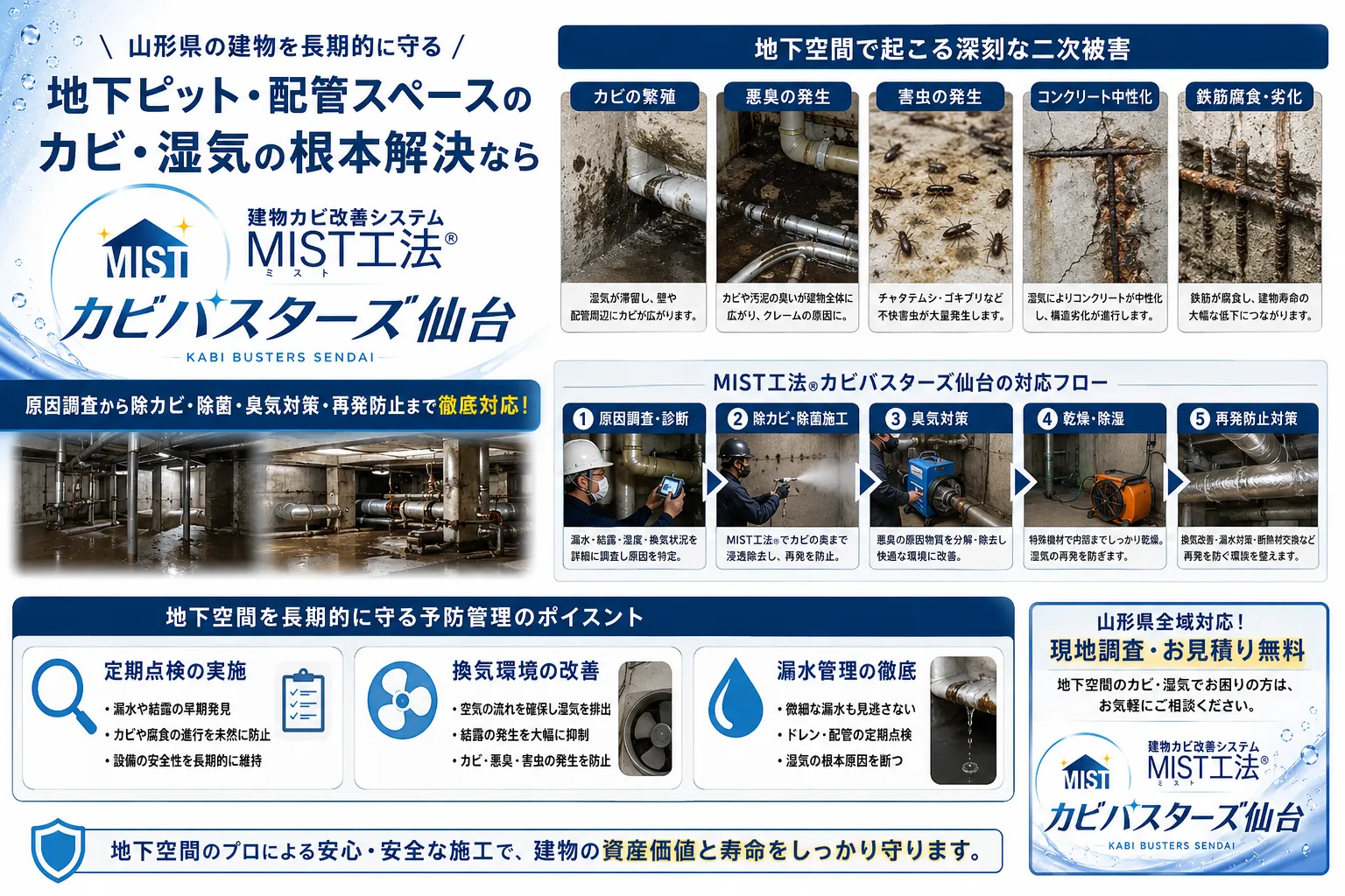 山形県の地下ピット・配管スペースで進行する深刻なカビと漏水被害｜建物寿命を縮める湿気停滞の危険性とは