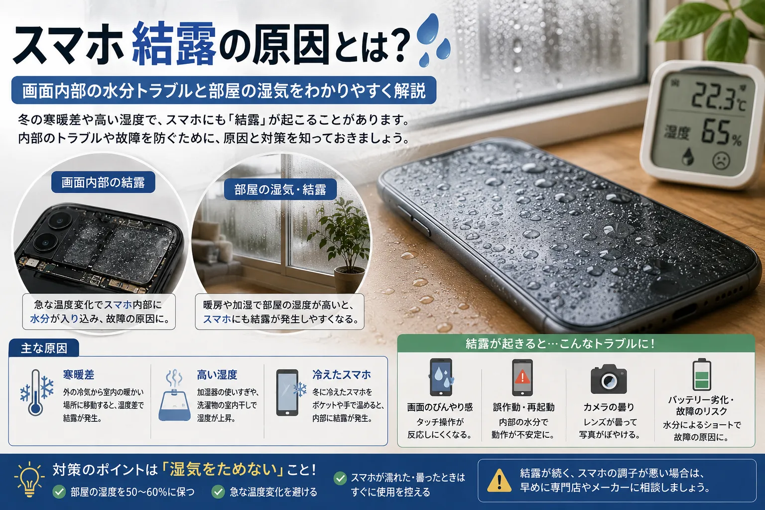 スマホ 結露の原因とは?画面内部の水分トラブルと部屋の湿気をわかりやすく解説