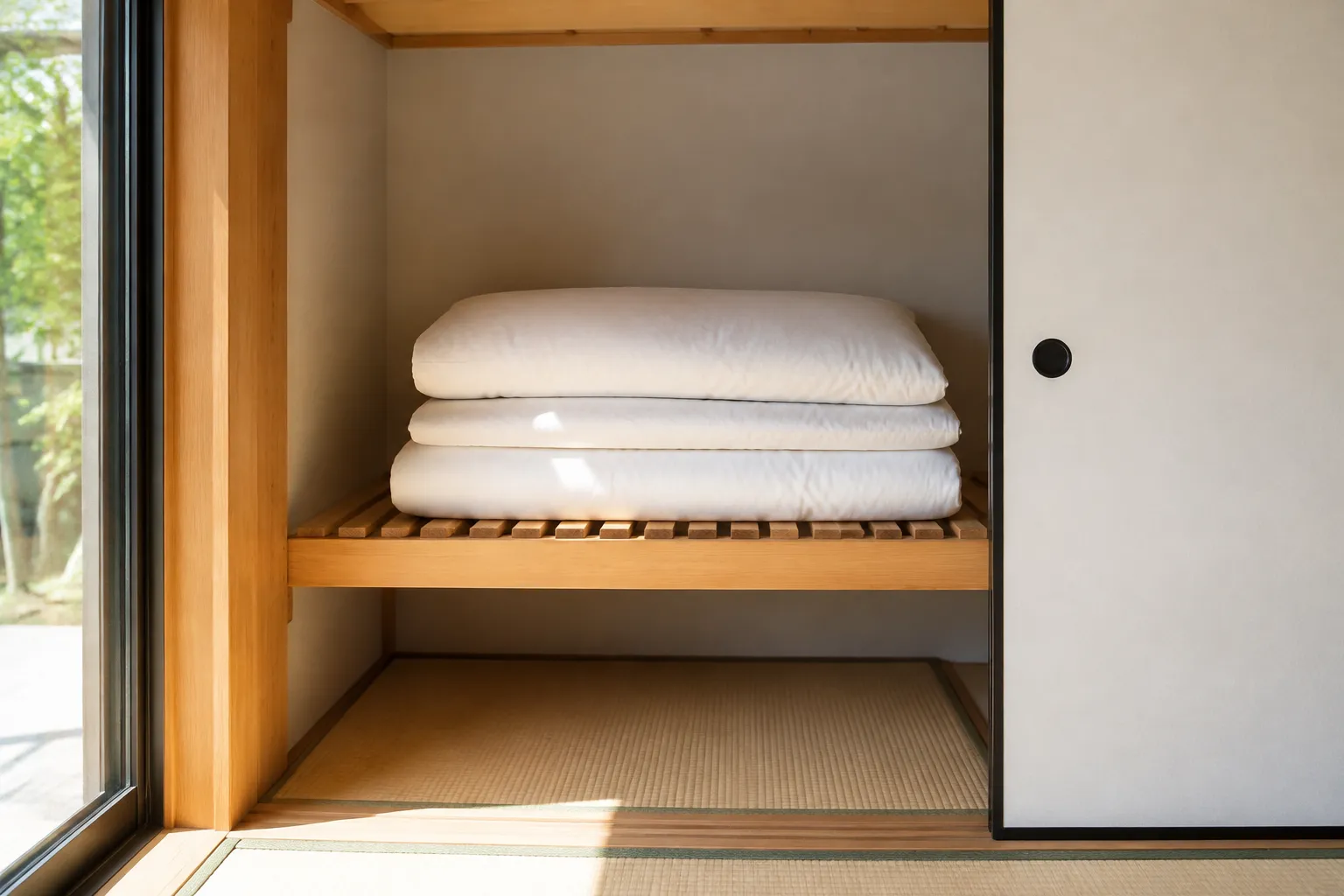 乾いた布団を余裕を持って収納した押し入れのイメージ