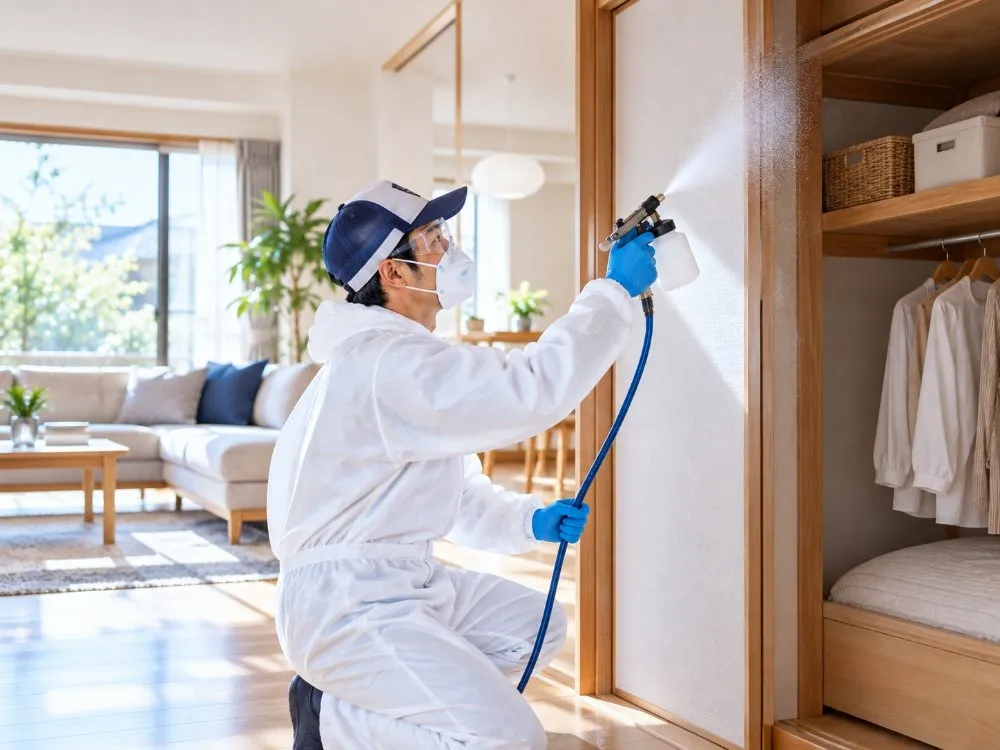 仙台の住宅で壁紙のカビをMIST工法®で除去する様子